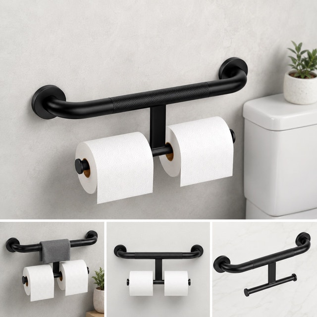 2-in-1 Matte Black Grab Bar & Dual Toilet Paper Holder - photo 2