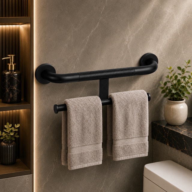 2-in-1 Matte Black Grab Bar & Dual Toilet Paper Holder - photo 3