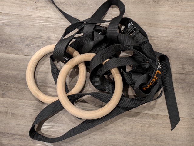 Wooden Gymnastic Rings with Adjustable Straps 15ft - Like New