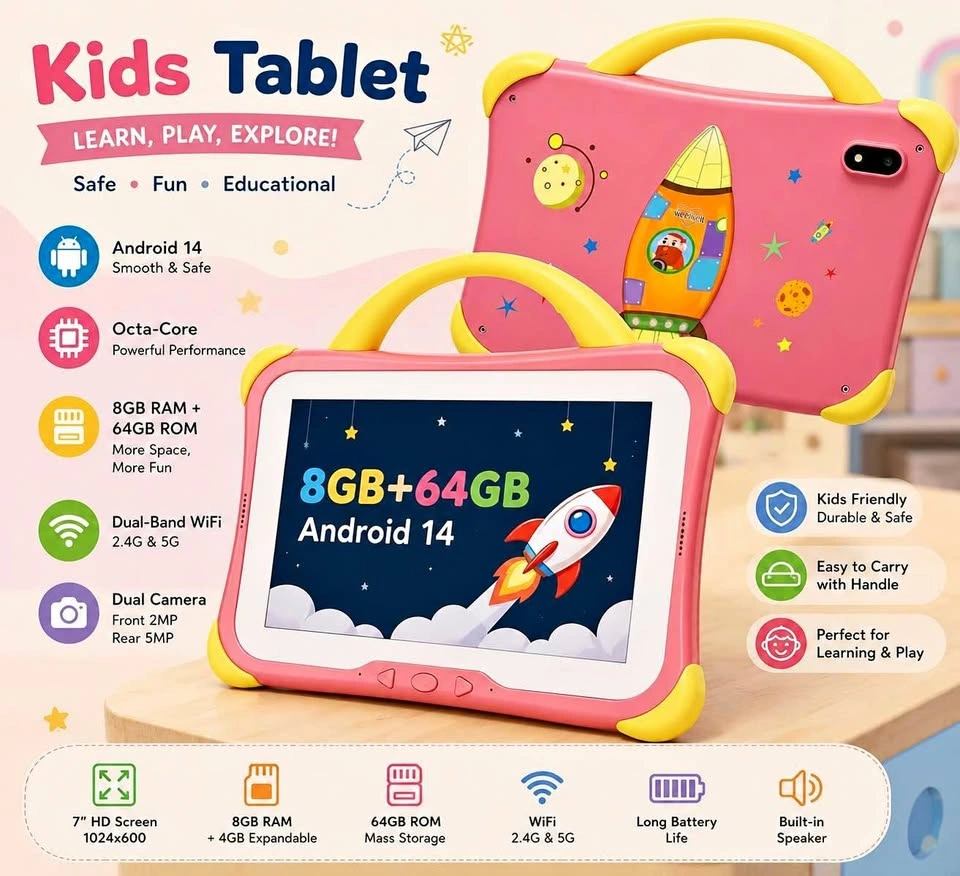 Brand New 7” Kids Android Tablet – Pink with Yellow Handle
