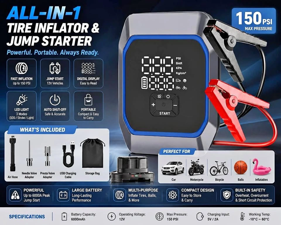 Brand New 160 PSI Portable Jump Starter & Air Compressor