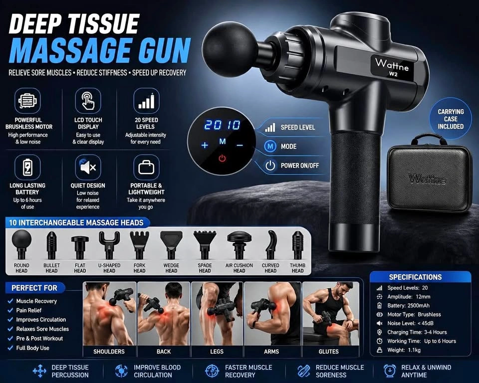New Deep Tissue Massage Gun – 20 Speeds | 10 Massage Heads