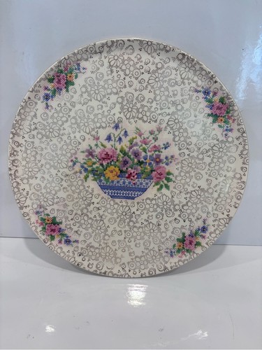 Platter Dish Floral Pattern Cross Stitch Gold Trim 10” Vintage H