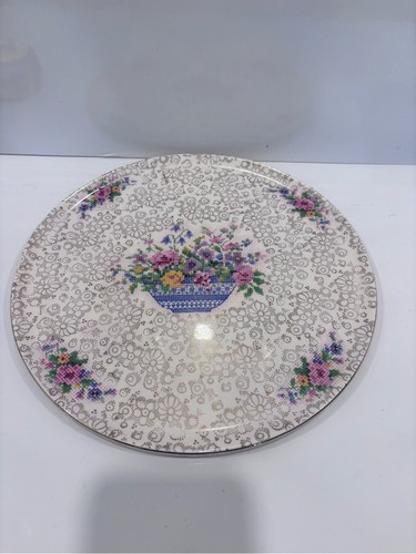 Platter Dish Floral Pattern Cross Stitch Gold Trim 10” Vintage H - photo 2