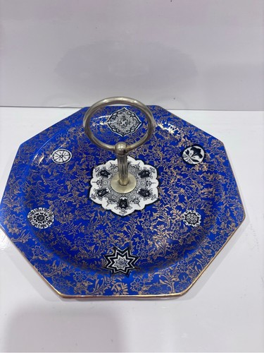 Vintage Osaka Fenton England Blue & Gold Cake Plate