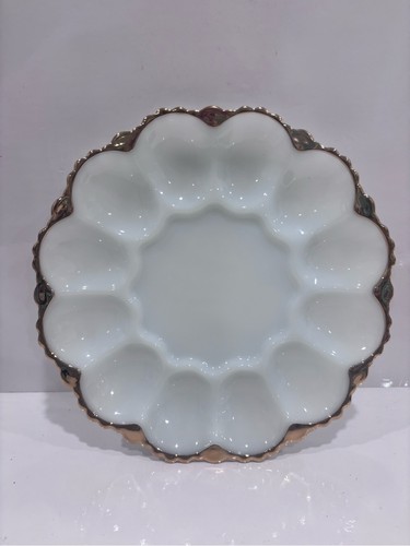 Vintage white milk glass deviled egg plate gold trim 12 egg tray