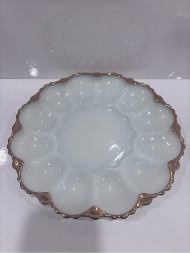 Vintage white milk glass deviled egg plate gold trim 12 egg tray - photo 3