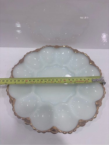 Vintage white milk glass deviled egg plate gold trim 12 egg tray - photo 4