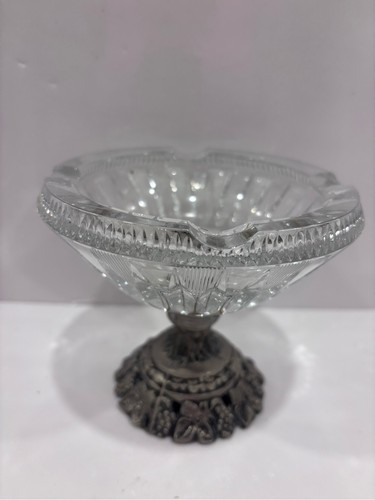 Vintage Crystal Pedestal Ashtray with Ornate Silver Tone Grape M