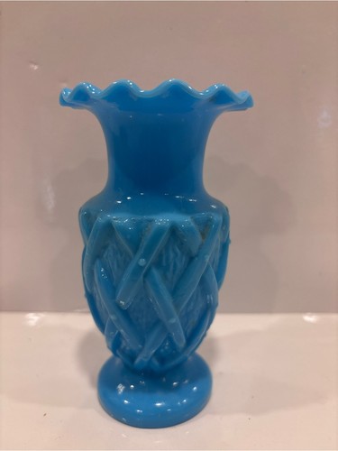 Vintage blue opaline milk glass bud vase w lattice pattern