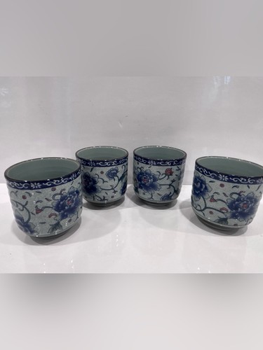 Vintage 4 Japanese porcelain yunomi tea cups blue peonies floral