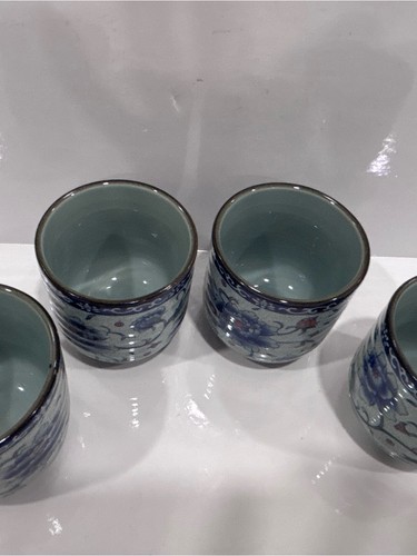 Vintage 4 Japanese porcelain yunomi tea cups blue peonies floral - photo 2