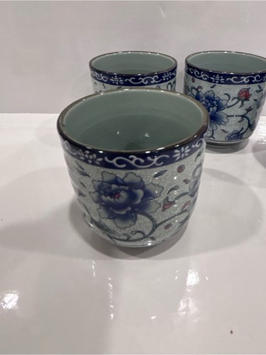 Vintage 4 Japanese porcelain yunomi tea cups blue peonies floral - photo 4