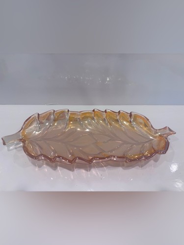 Vintage Pink- Amber Carnival Glass Leaf Shaped Serving Tray 11”