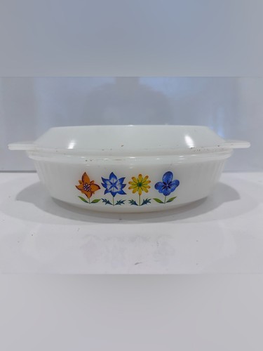 Vintage Glass Phoenix Opalware Dish White Folk Floral 8"