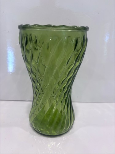 Vintage Olive / Avocado Green Optic Swirl Pressed Glass Vase