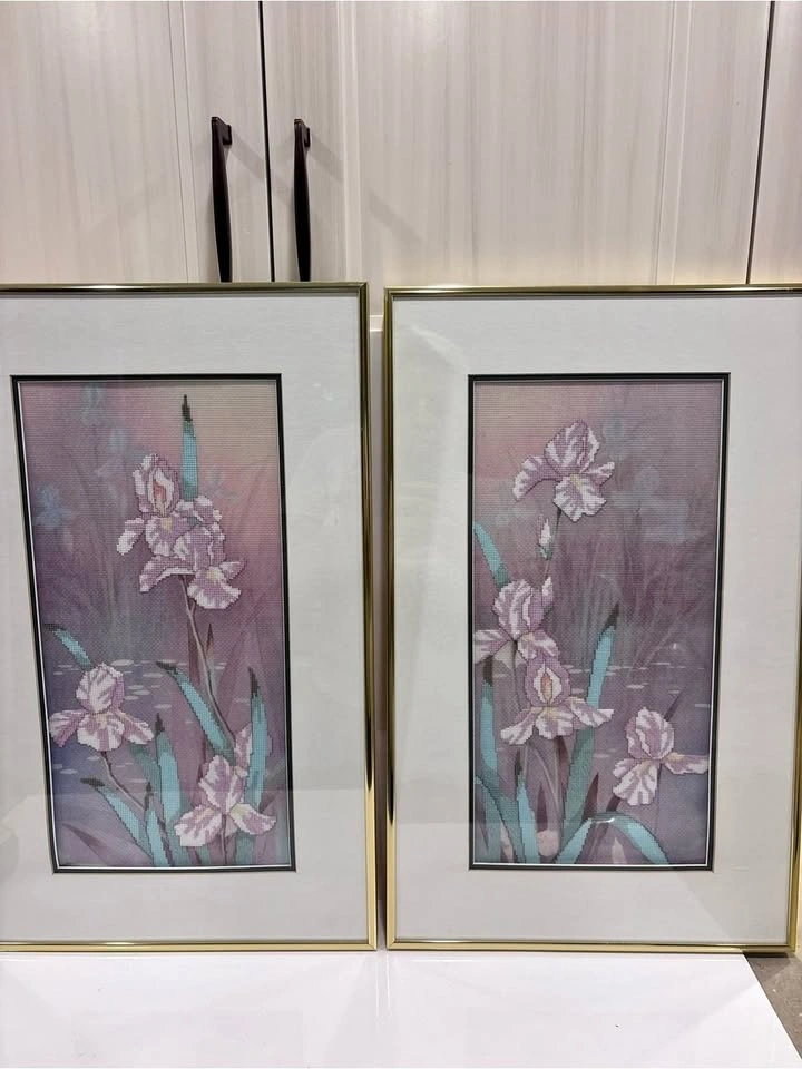 Vintage Framed Hand Cross Stitch Iris Floral Wall Art - Pair