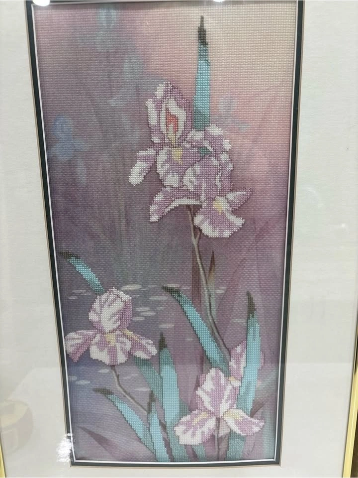 Vintage Framed Hand Cross Stitch Iris Floral Wall Art - Pair - photo 2
