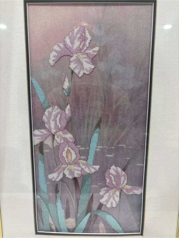 Vintage Framed Hand Cross Stitch Iris Floral Wall Art - Pair - photo 3