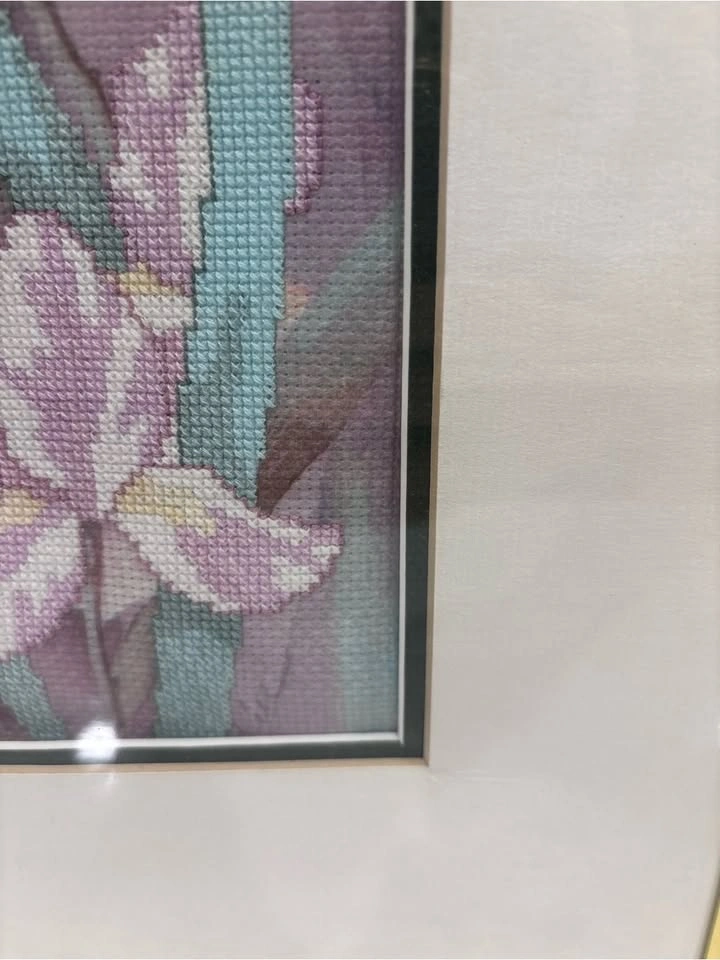 Vintage Framed Hand Cross Stitch Iris Floral Wall Art - Pair - photo 4