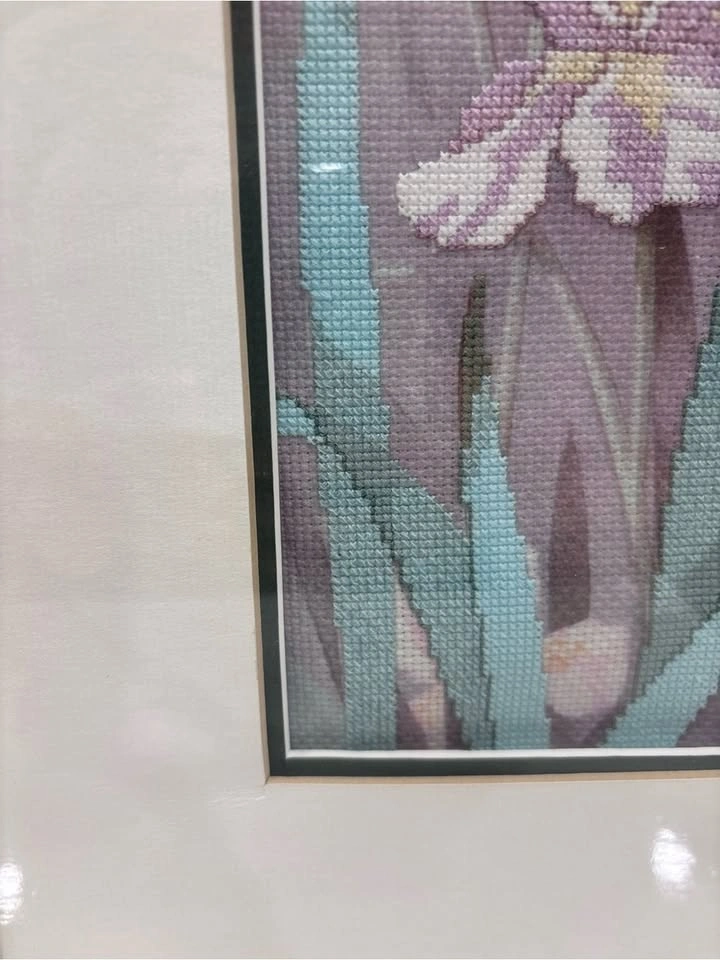Vintage Framed Hand Cross Stitch Iris Floral Wall Art - Pair - photo 5