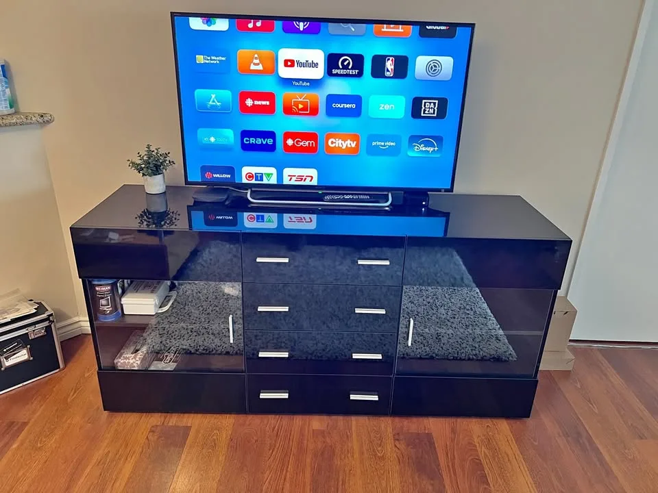 High-Gloss Black TV Stand with Glass Doors thumbnail