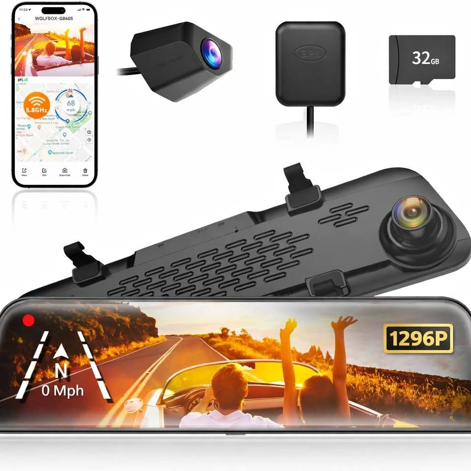 WOLFBOX G840S 12" 1296P Mirror Dash Cam & Backup Camera