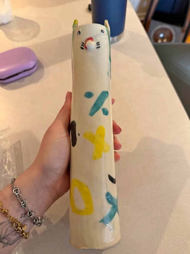 Hand made ceramic flower vase cat