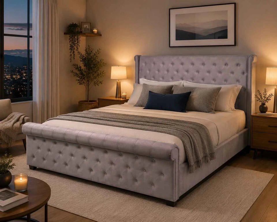 Tufted Velvet Sleigh Bed Frame - photo 2