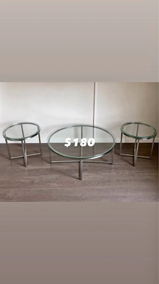 3-piece glass and chrome/brushed steel coffee table set