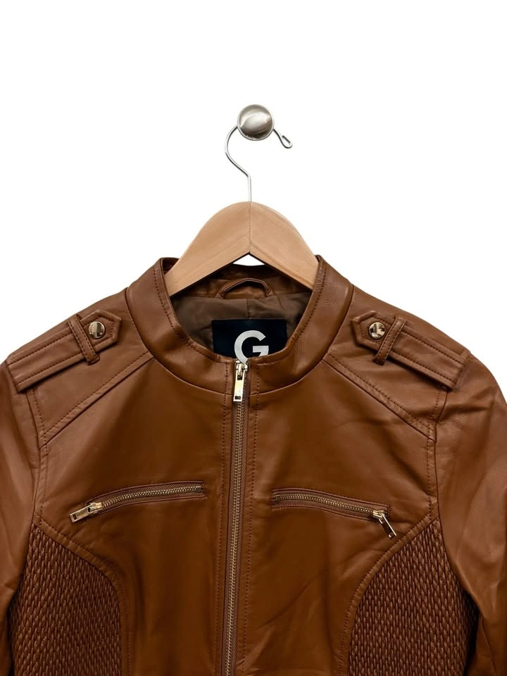 G by Guess Faux Leather Moto Jacket with Woven Side Panels