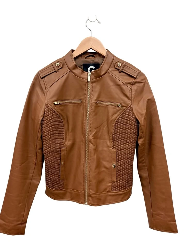G by Guess Faux Leather Moto Jacket with Woven Side Panels - photo 2