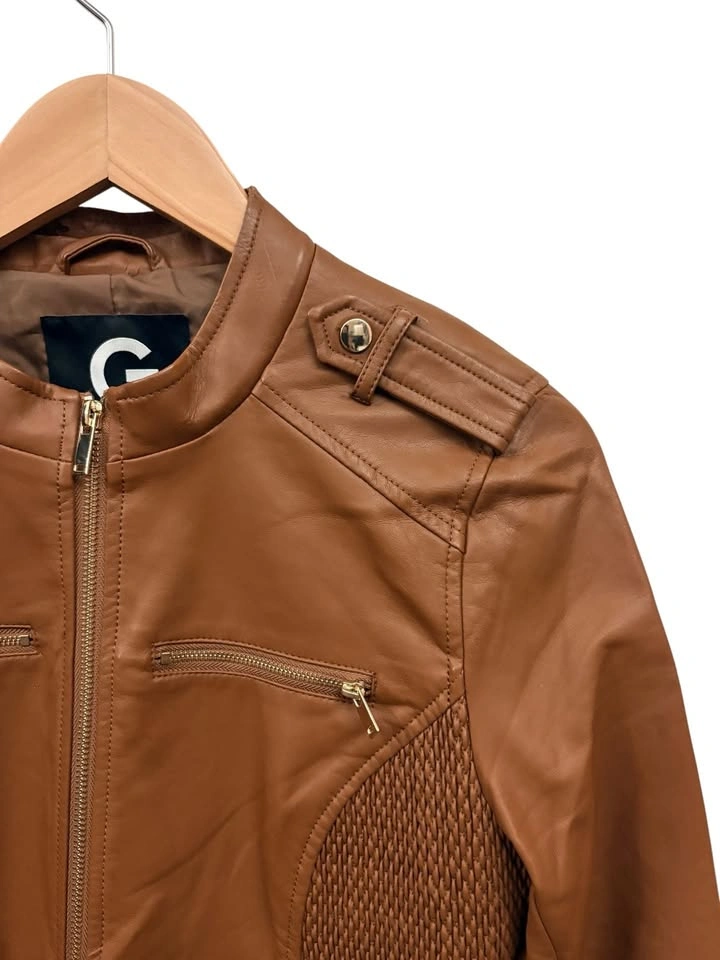 G by Guess Faux Leather Moto Jacket with Woven Side Panels - photo 4