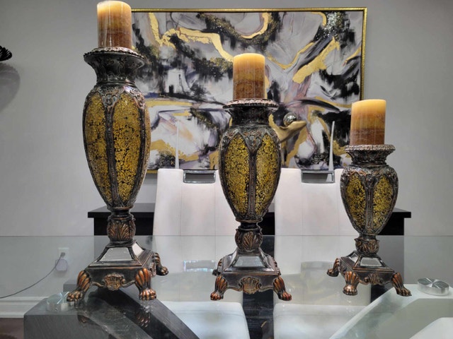 Set of 3 Gold & Brown Mosaic Candle Holders