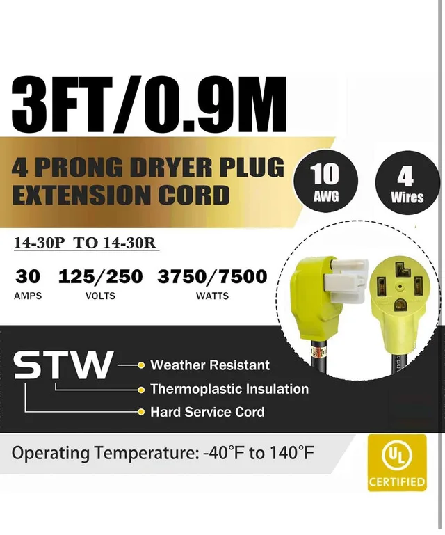 3FT Dryer Extension Cord for N14-30 Plug 220Volt 30Amp image indicator(3)