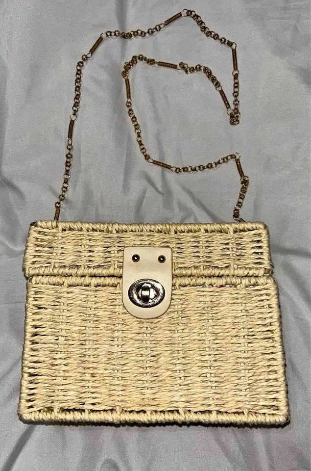 Wicker Handbag Lined in Floral Fabric & Chain Shoulder Strap
