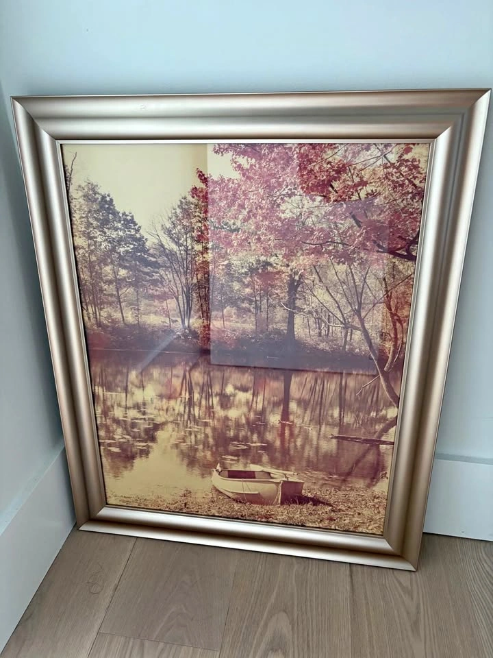 Framed Autumn Lake Landscape Print with Boat