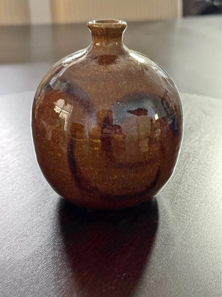Small Round Brown signed pottery Vase