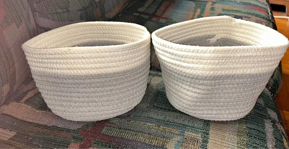 Two Medium-Sized Woven Grey/White Storage Baskets 10x6”