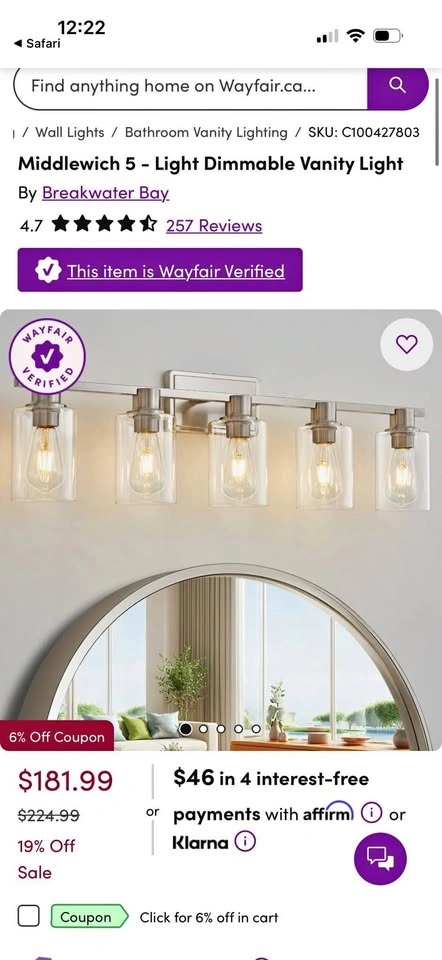 New- Chrome 5 light vanity light with clear glass shades