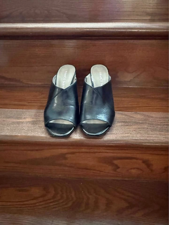 Franco Sarto Black Leather Wedge Mules Size 7.5