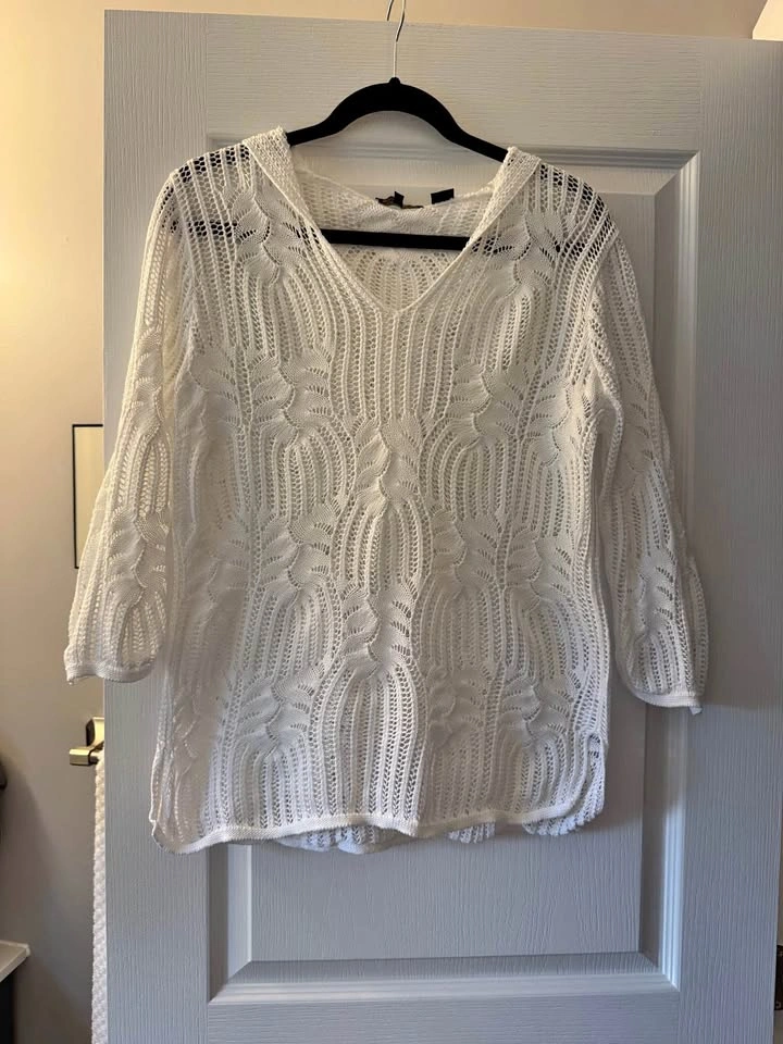 Jeanne Pierre Cotton Crochet Hooded Sweater Large