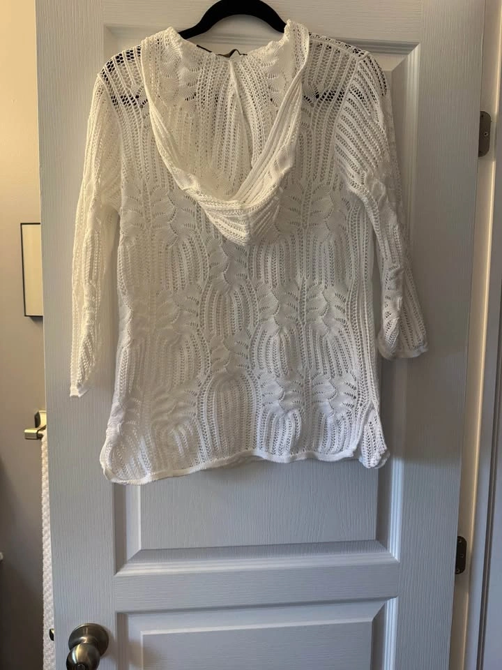 Jeanne Pierre Cotton Crochet Hooded Sweater Large - photo 2