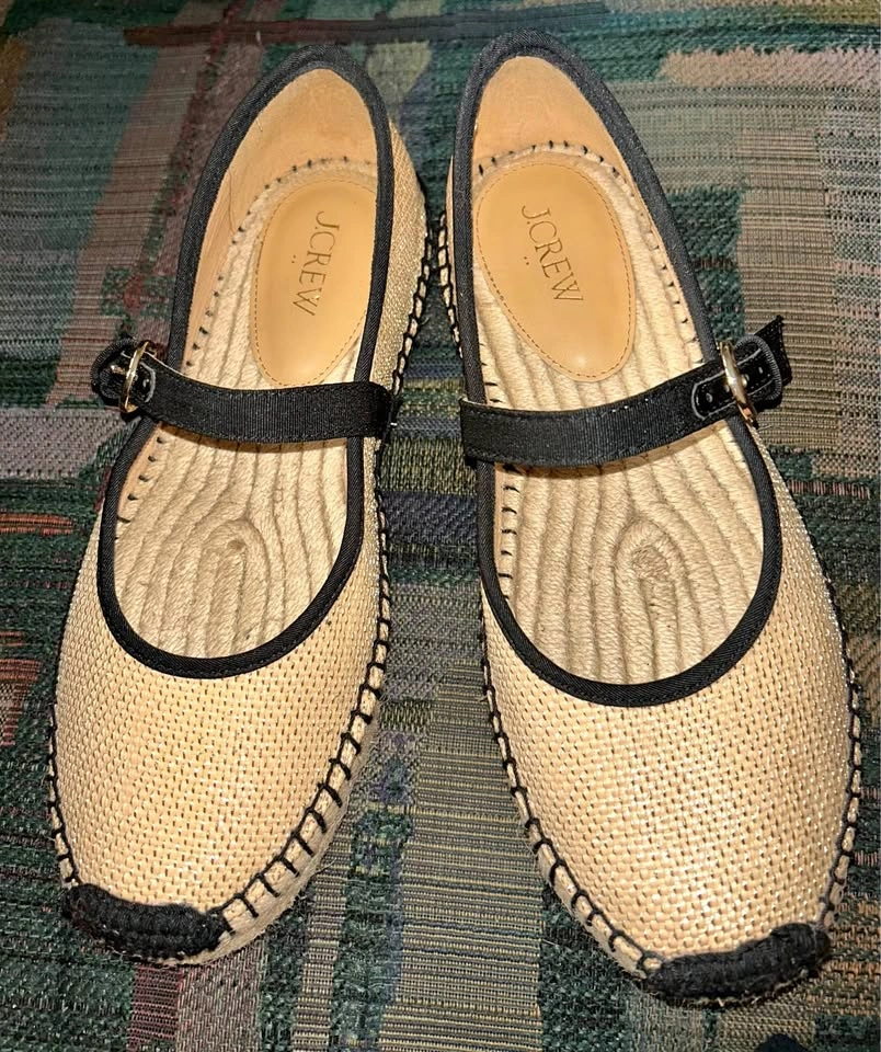 J Crew Woven Gold Metallic Espadrille Mary Janes Flats - NEW - S