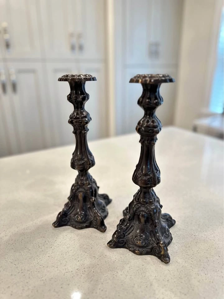 Vintage Bronze Ornate Candlestick Holders - Pair
