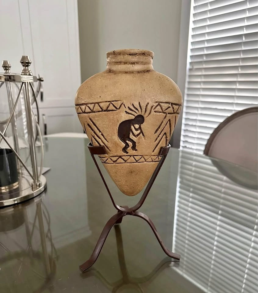 Rustic Hand finished ceramic vase with iron stand