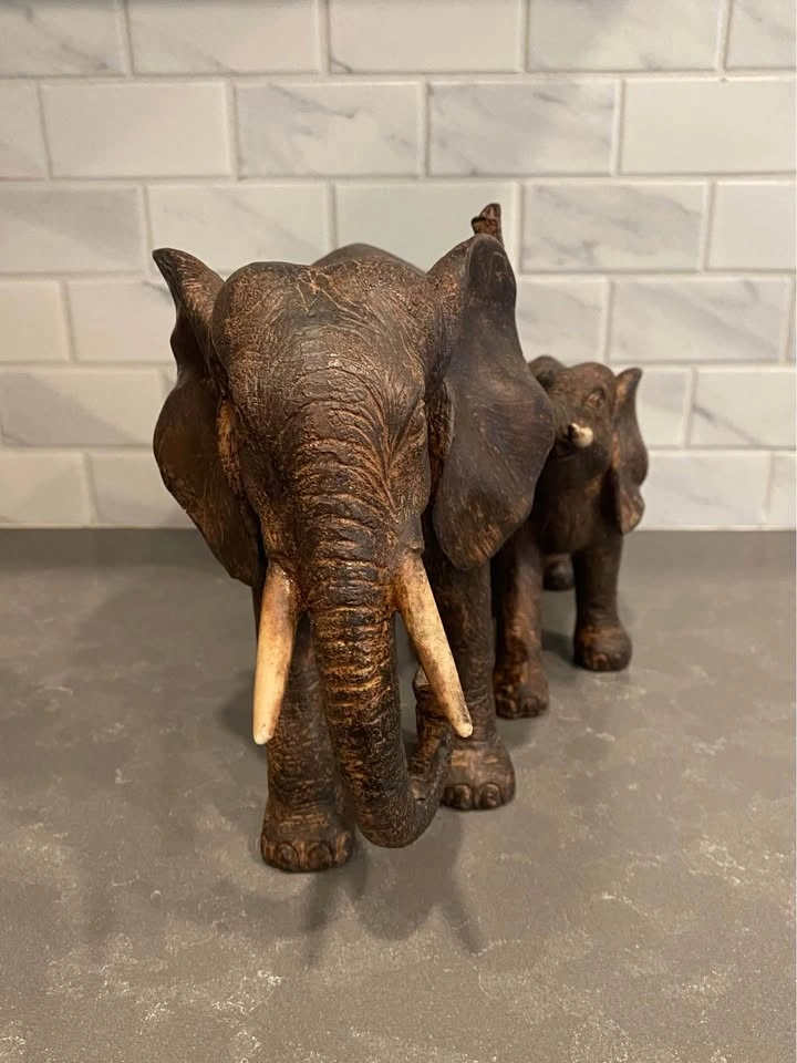 Bronze-Style Resin Elephant and Calf Statues - photo 4