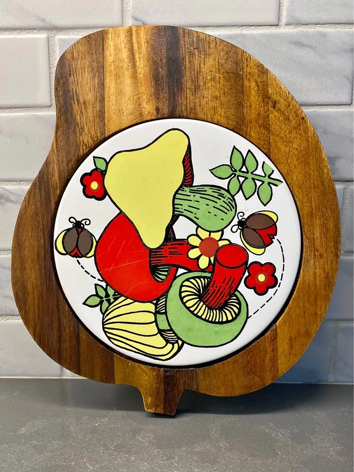 Vintage Mushroom and Ladybug Wooden Tile Trivet/Cutting board