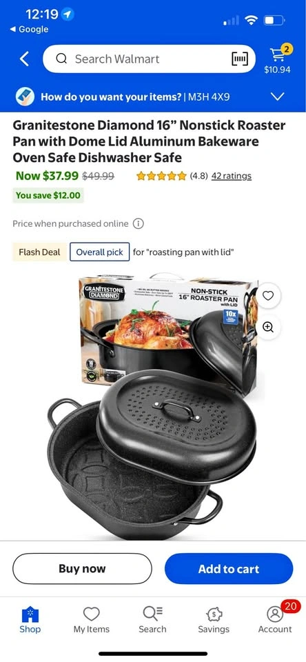Granitestone Diamond 16" Nonstick Roaster Pan with Dome Lid