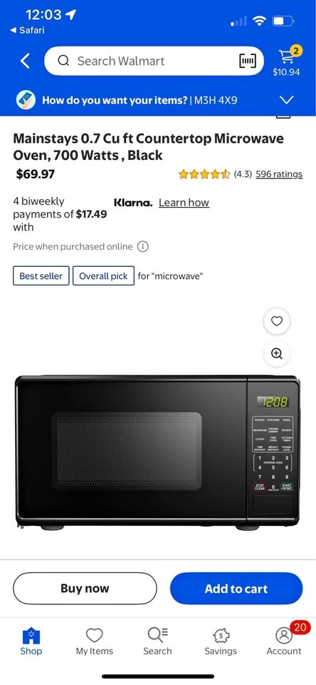 Mainstays 0.7 Cu ft Countertop Microwave Oven, 700 Watts